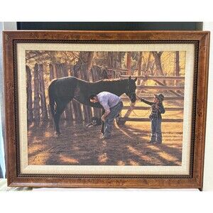 Tim Cox “A Helping Hand” Wood Framed Canvas Art Linen Horse Ranch Decor 23”x29”